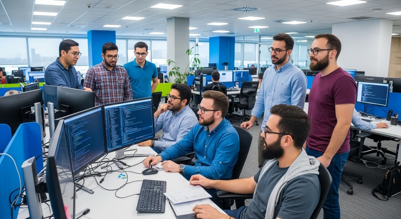 Team working in office with code on screen